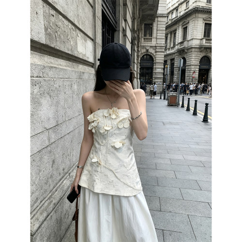 HUAX 纯欲风立体花瓣抹胸背心女装夏季小众收腰显瘦露肩百搭上衣 - 图1
