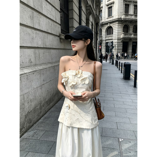 HUAX 纯欲风立体花瓣抹胸背心女装夏季小众收腰显瘦露肩百搭上衣 - 图0