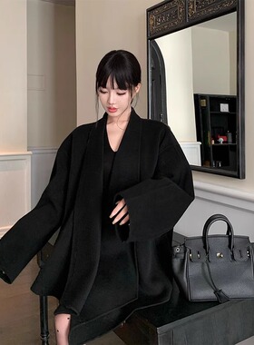 HUAX 当天发 老钱风高级感翻领斗篷外套女秋冬宽松不规则毛呢大衣