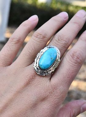 进口天然美国高瓷绿松石大颗戒面925纯银手工包边男女款复古戒指