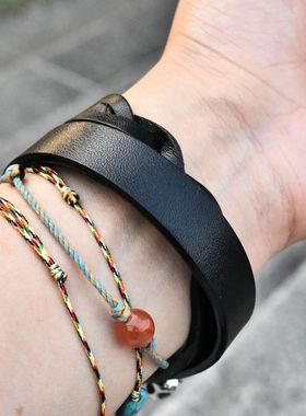 泰国进口925纯银镶钻骷髅头钩状搭扣纯牛皮双层男女哥特朋克手环