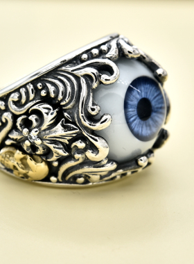 泰国蓝色花纹男士朋克风纯银戒指