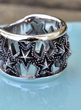 满目星辰满天星造型朋克五角星泰银宽版潮戒进口925纯银嘻哈指环