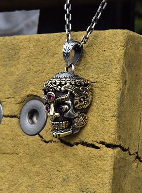 进口男士925纯银镶钻骷髅头吊坠
