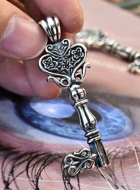 进口男女复古宫廷镶嵌黑白小钻爱心打开心门钥匙造型吊坠925纯银