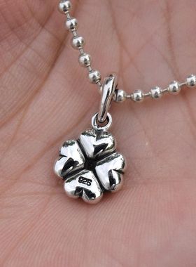 泰国进口女士复古ins风镶白钻实心四叶幸运草泰银吊住925纯银挂件