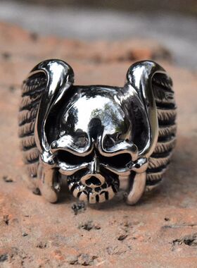 进口重工骷髅头925纯银朋克男戒