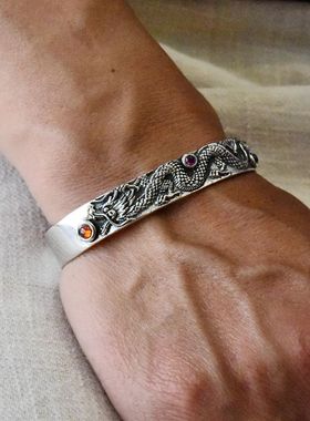 男士朋克风浮雕纯银可调节手环