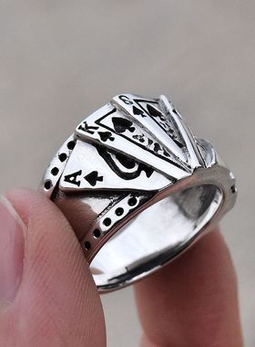 男士潮款小众金花黑桃同花顺扑克牌造型泰银戒子925纯银宫廷指环