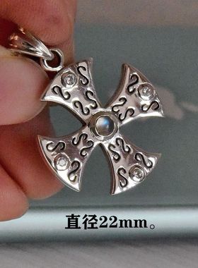 男女复古S花纹镶嵌星光石月光石圆形十字飞镖泰银吊坠925纯银挂件