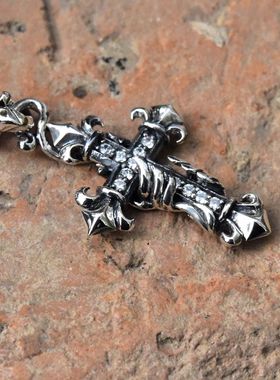 泰国进口男女情侣微镶黑白钻天使守护之翼十字架吊坠925纯银挂件