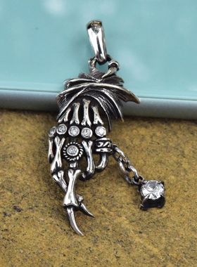 男女朋克镶白钻骷髅手骨抽象火凤凰宝剑造型泰银吊坠925纯银挂件