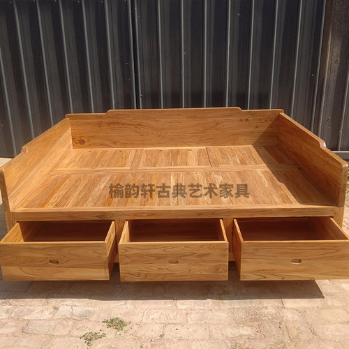 老榆木实木双人床中式榻榻米简约带围板抽屉储物卧室定制新品 - 图1