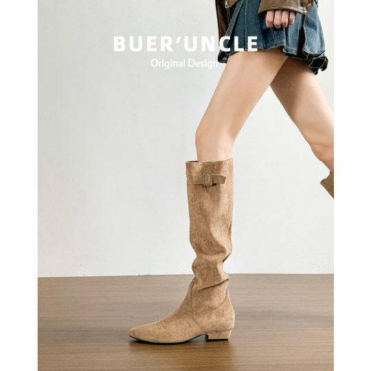 羊皮版~慵懒感长筒靴女秋冬季复古堆堆靴法式尖头显瘦高筒靴长靴