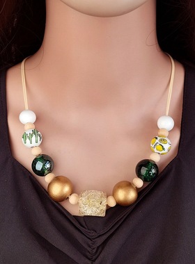 复古手工串珠项链女亚克力金粉八角珠彩绘木珠吊坠项饰民族风