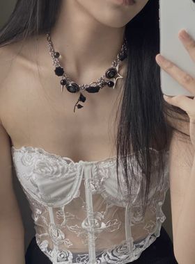 荆棘玫瑰中式绒花钛钢项链锁骨链