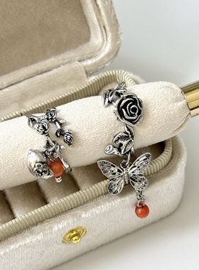 南红圆珠蝴蝶铃铛玫瑰花开口可调节戒指女小众设计戒子食指戒手饰