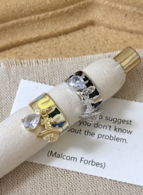 彩色滴釉字母立体土星球吊坠戒指女小众设计甜酷宽面可调节食指戒