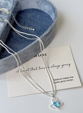 西太后蓝色锆石爱心微镶土星吊坠双层项链女精致甜美轻奢锁骨链潮