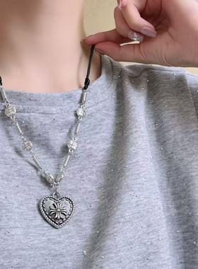 复古做旧爱心克罗十字架棍链编织绳项链女时尚设计百搭长款毛衣链