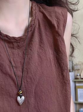 韩版miu字母爱心串珠编织项链小众冷淡风多种戴法黑绳长款毛衣链