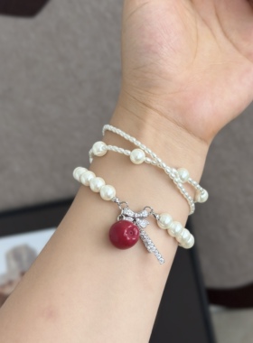 微镶锆石蝴蝶结苹果多层叠戴珍珠手链小众精致甜美少女百搭手饰潮
