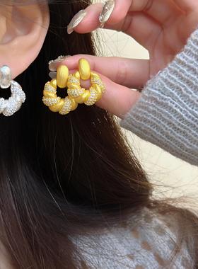 新中式国风麻花镶钻拉丝面包吊坠项链耳环女轻奢重工锁骨链耳饰潮