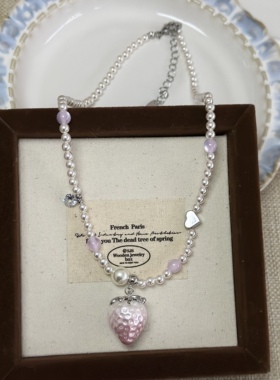 渐变粉小草莓珍珠蝴蝶结耳环项链女甜美可爱童趣百搭锁骨链耳饰