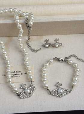 西太后满钻珍珠十字土星镂空项链耳钉优雅气质百搭锁骨链耳饰手链