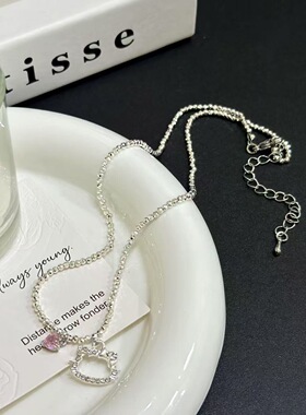 可爱少女hellokitty凯蒂猫米粒串珠粉锆爱心项链女甜美百搭锁骨链