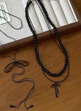 暗黑甜酷少女蝴蝶结黑色串珠叠戴项链女小众个性长款毛衣链锁骨链