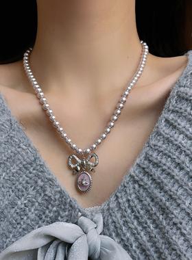 微镶蝴蝶结粉色贝母土星耳环项链女淑女复古巴洛克宫廷风耳饰颈链