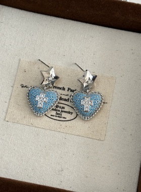 蓝松石爱心锆石十字架吊坠长款项链耳钉女甜酷少女轻奢锁骨链耳饰