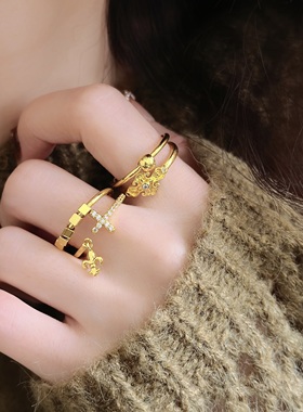 时尚轻奢十字鸢尾花串珠戒指女精致小巧时尚百搭开口可调节食指戒