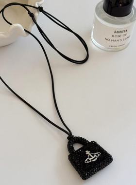 暗黑甜酷满锆土星包包吊坠项链韩国ins时尚气质百搭锁骨链毛衣链