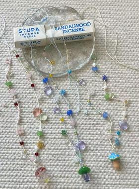 原创手作蘑菇琉璃串珠可调节绳链串珠项链女小众设计感高级锁骨链