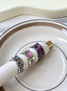 宇宙土星皮带扣炫彩字母宽面戒指女小众设计高级感开口可调节指环