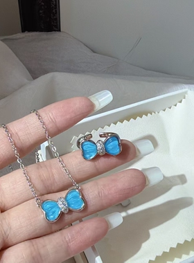 蓝色蝴蝶结微镶锆石戒指项链女小众甜美童趣可爱百搭锁骨链食指戒