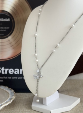 甜美超仙微镶锆石滴釉蝴蝶珍珠流苏项链女小众时尚轻奢气质锁骨链