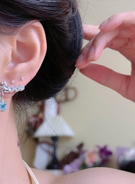 超闪微镶蓝色锆石幸运星星耳环项链女时尚精致轻奢百搭锁骨链耳饰