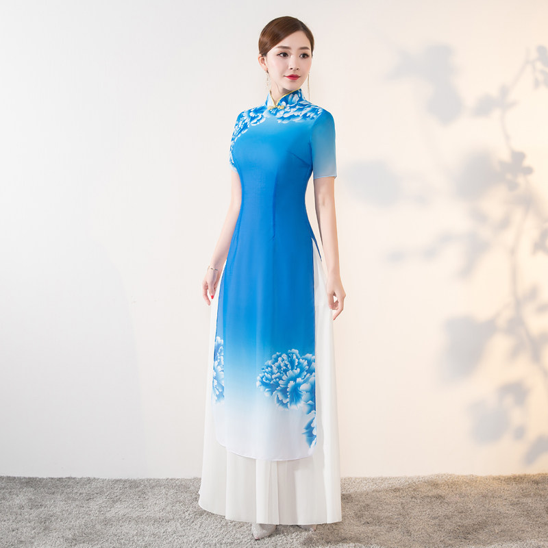 舞台走秀长款越南正宗奥黛演出服 千百思旗袍