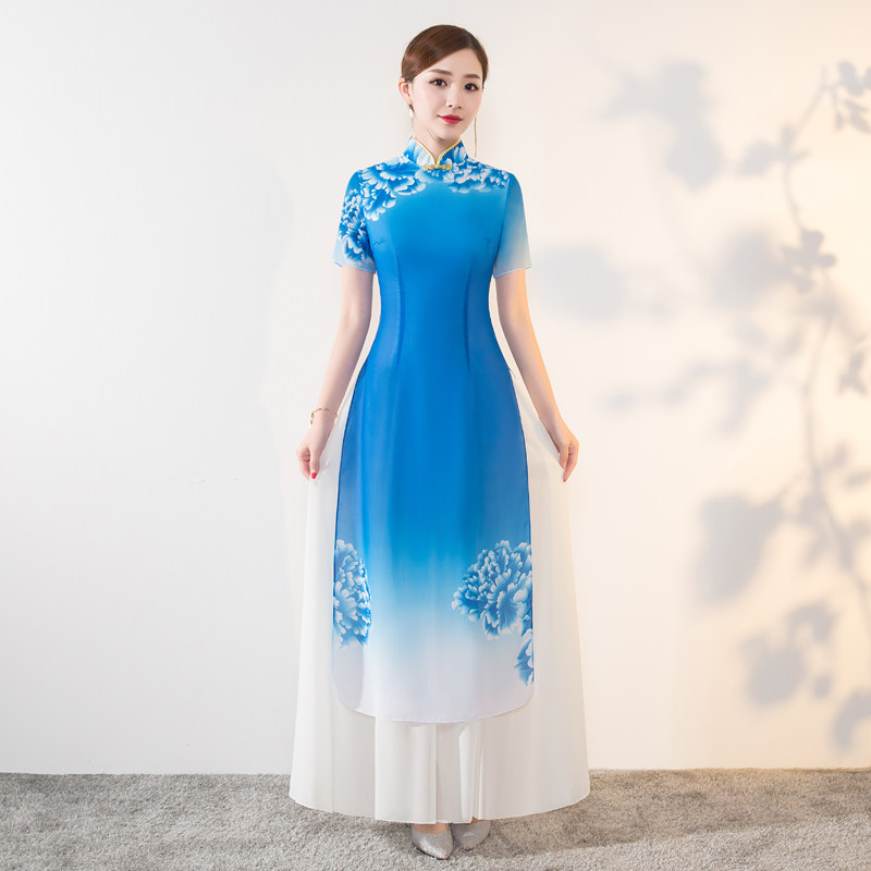 舞台走秀长款越南正宗奥黛演出服 千百思旗袍