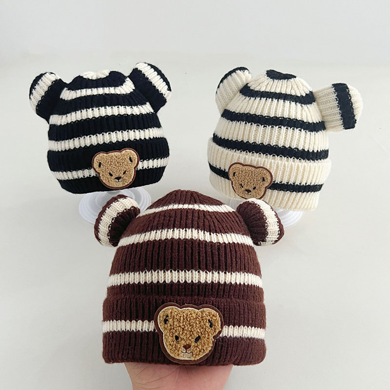 婴儿帽子男女宝宝婴幼儿条纹小熊毛线帽秋冬季保暖韩版儿童针织帽 - 图2