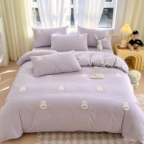 少女心全棉紫色四件套兔子毛巾绣被套水洗纯棉床单宿舍三件套床品 - 图3