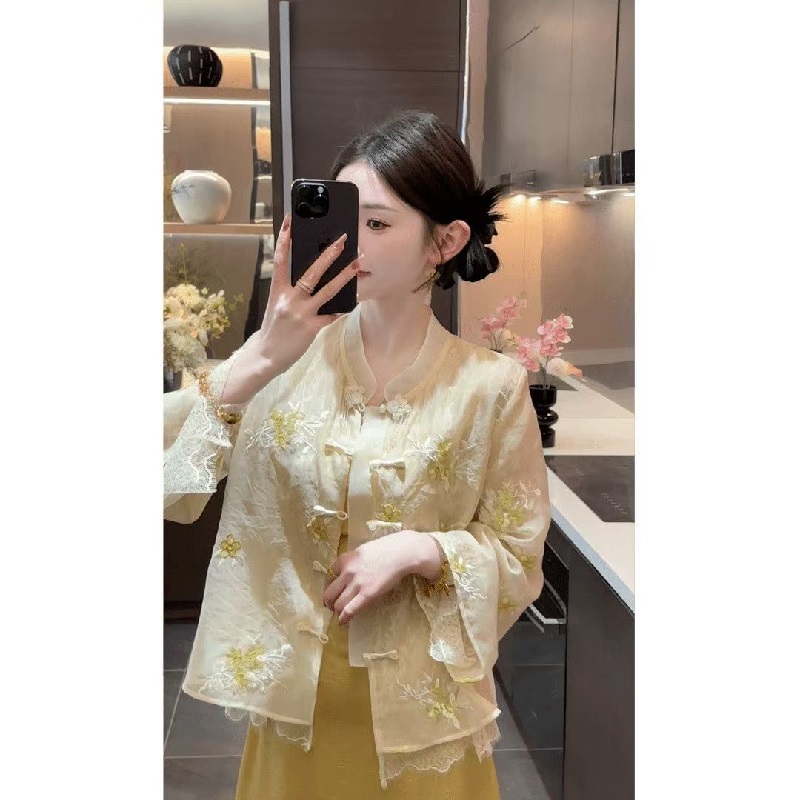 大码胖mm新中式国风蕾丝盘扣刺绣上衣外套吊带裙女气质旗袍裙套装 - 图1