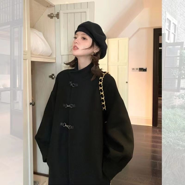 胖mm特大码洋气牛角扣双面绒大衣女赫本风中长款毛呢外套