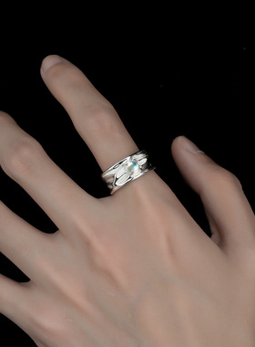 月光石银戒指男欧美时尚潮流个性气质可调节指环女百搭设计感饰品