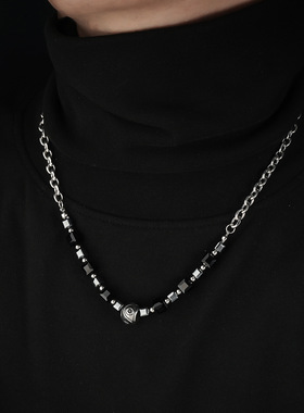 方块拼接串珠项链男钛钢不掉色时尚简约设计首饰女高级百搭饰品潮