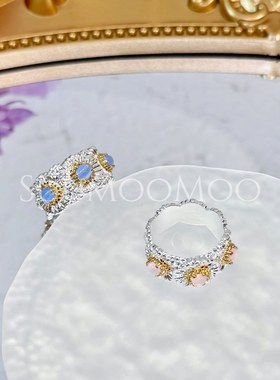 铜合金合成锆石戒指 时尚轻奢雏菊戒指 蓝色粉色复古布布风戒指