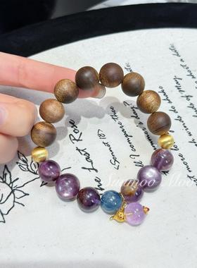 沉香天然芽庄沉香紫幽灵紫锂云母紫水晶手串 925银多样性发其一